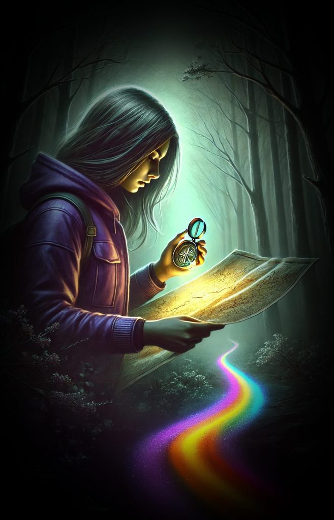 dekle drži v rokah energijski kompas in zemljevid